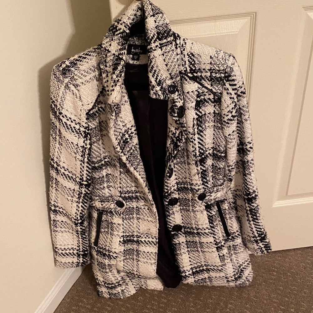 by & by Women's Black and White Plaid Coat